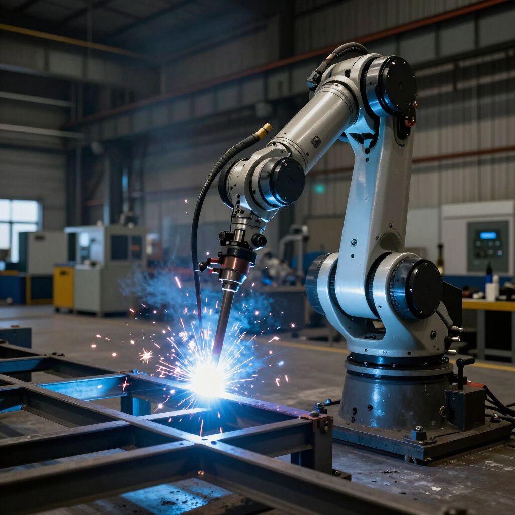 A robotic arm welding metal in a factory, sparks flying, gray and blue tones.