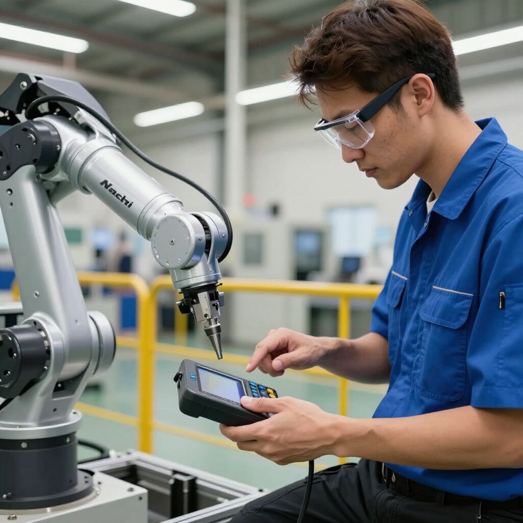 Man in safety glasses programming an industrial robot arm in a factory.