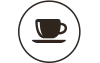 Dark brown coffee cup and saucer inside a white circle.