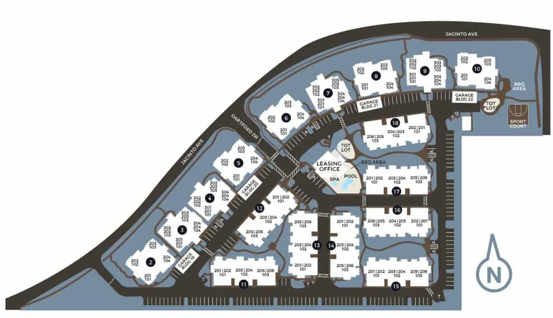 Apartment complex map with numbered buildings, roads, and a north arrow.