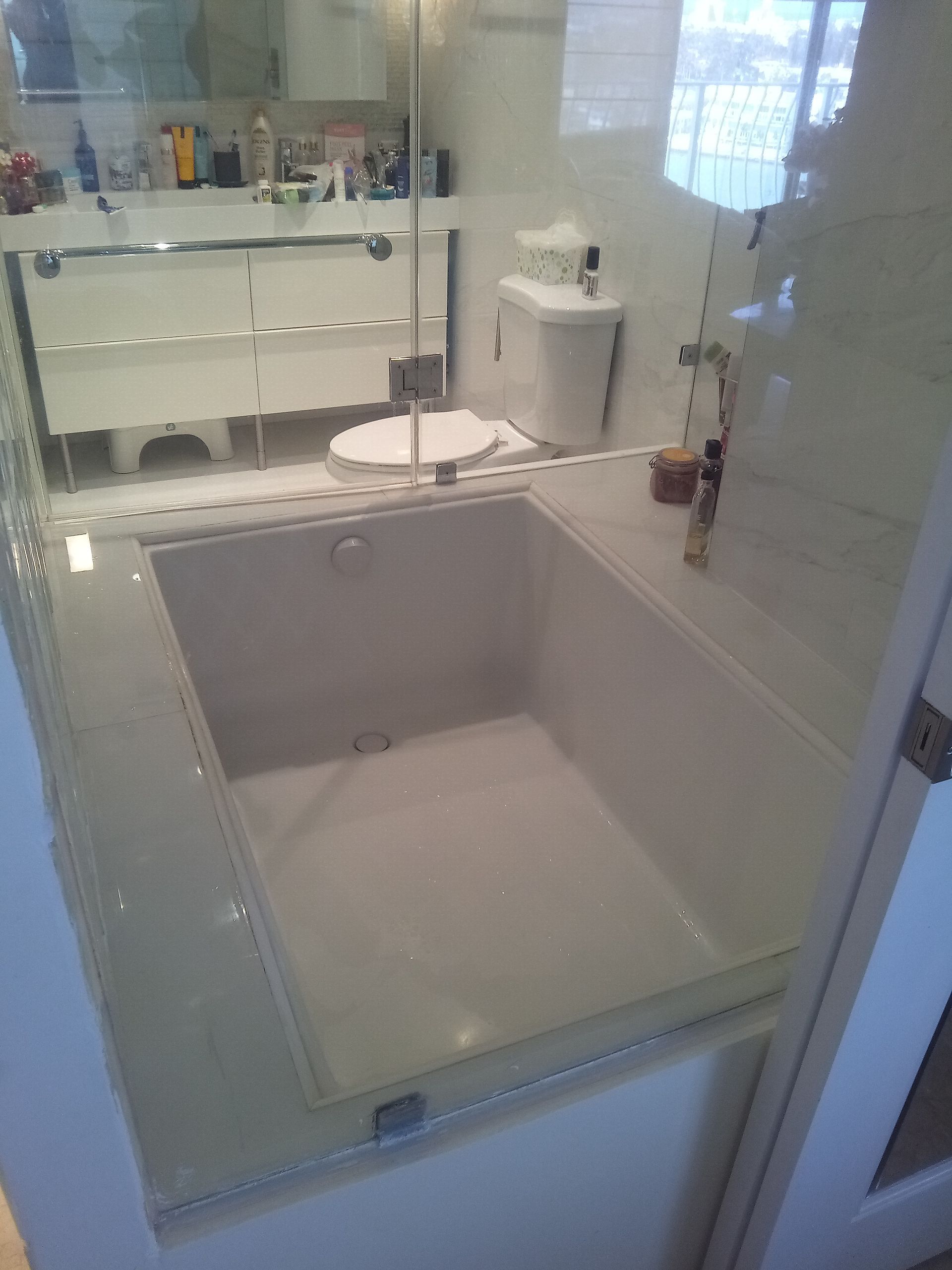 A bathroom with a sink and a toilet behind a glass door