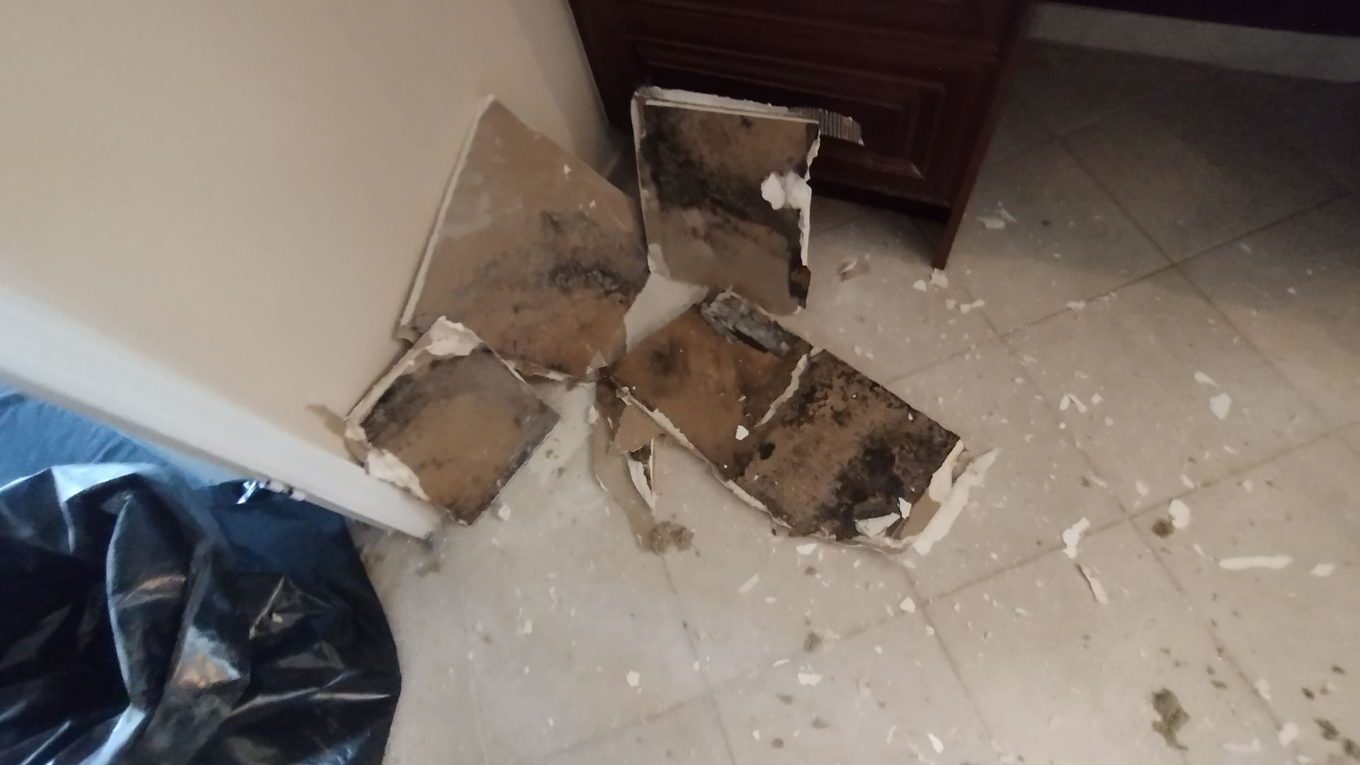A piece of cardboard is laying on the floor next to a wall.