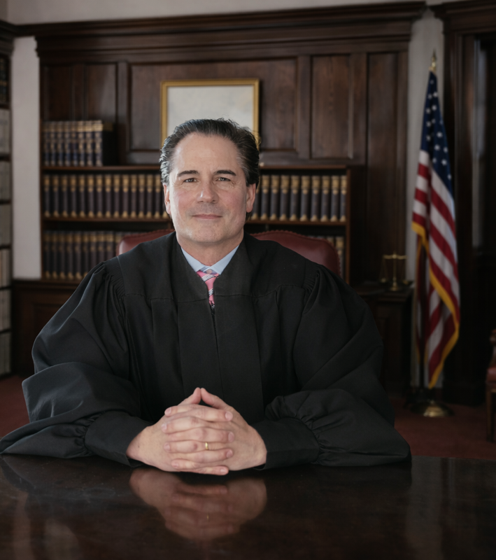 Judge in robe, seated at a desk, hands clasped.  American flag behind him in courtroom setting.