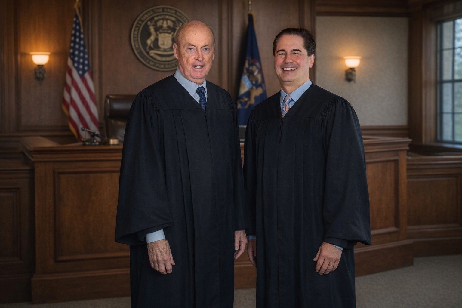 Two men in judicial robes pose in a courtroom with US and state flags.