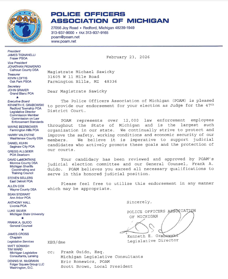  Michael Sawicky, endorsed by Judge Jim Brady. 