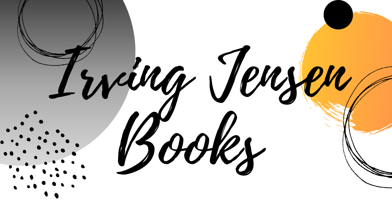 A logo for irving jensen books with a black and orange background.