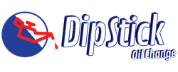 Logo for "DipStick oil change": Blue and white circle with a red oil pump, blue text, and the words "oil change".