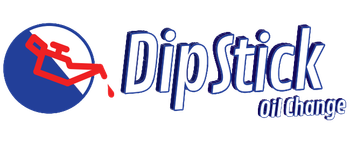 Logo for "DipStick oil change": Blue and white circle with a red oil pump, blue text, and the words "oil change".