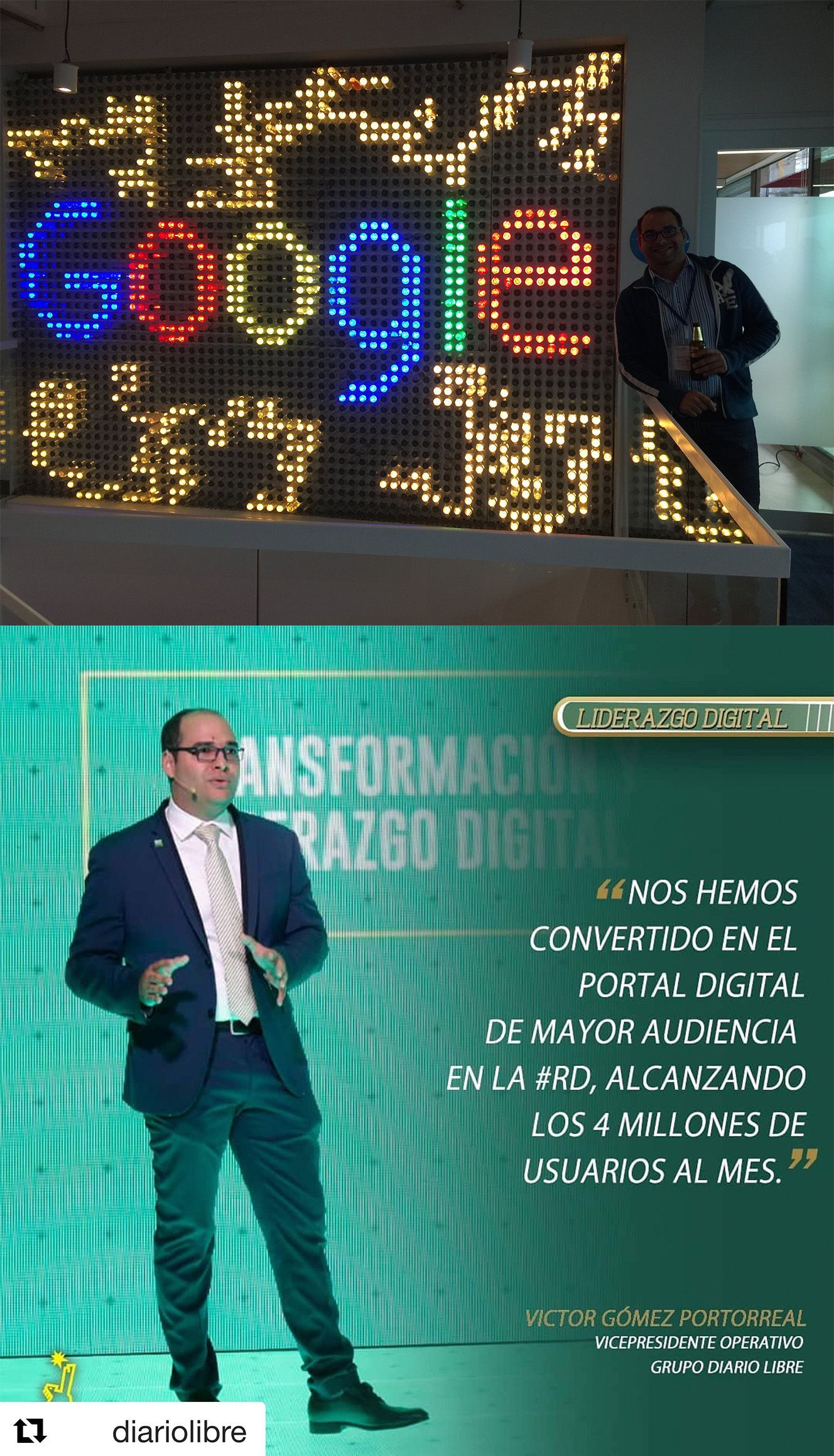 A man in a suit is standing in front of a google sign.
