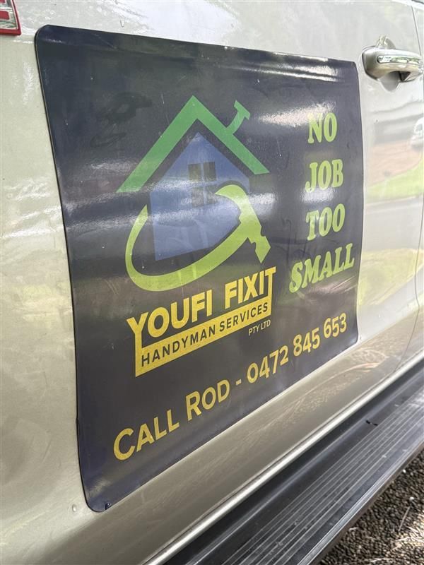 Sign on the Side of a Car That Says No Job Too Small — Youfi Fixit Handyman Services in Edmonton, QLD