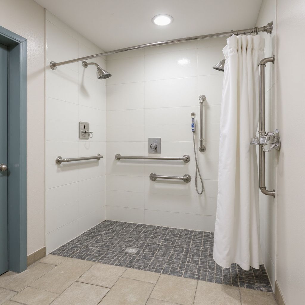 Accessible shower with handrails, shower heads, white tile walls, gray pebble floor. White curtain, blue door.