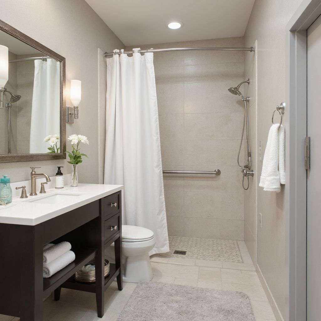 Bathroom with vanity, toilet, and shower with curtain. Neutral tones, accessible design.