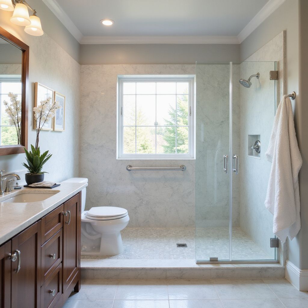 Bathroom with marble tiles, a walk-in shower, a toilet, vanity, and a window.