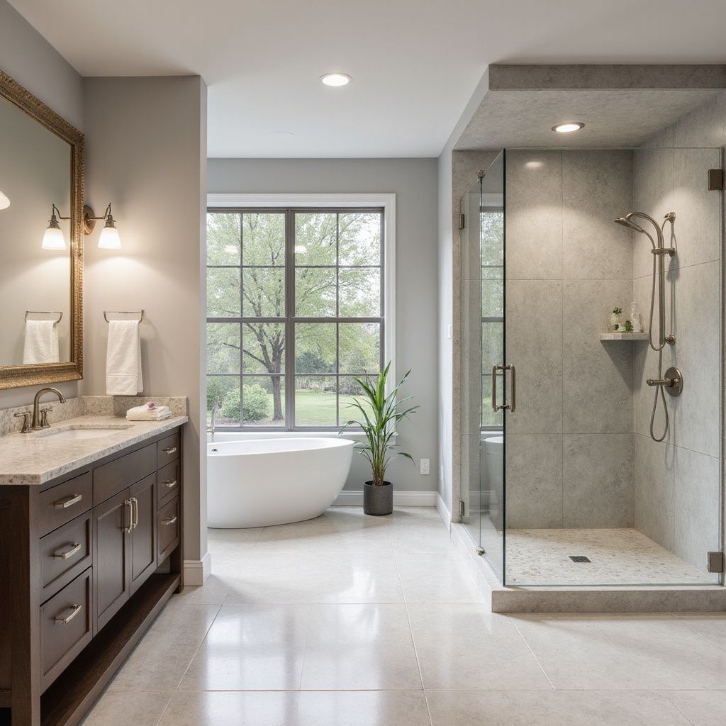 Spacious modern bathroom with a soaking tub, glass shower, dark vanity, and large window.