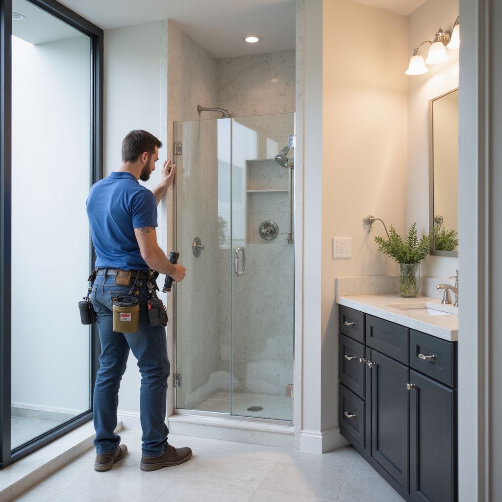 A person installing a glass shower door in a bathroom with dark cabinets, a mirror, and a window.