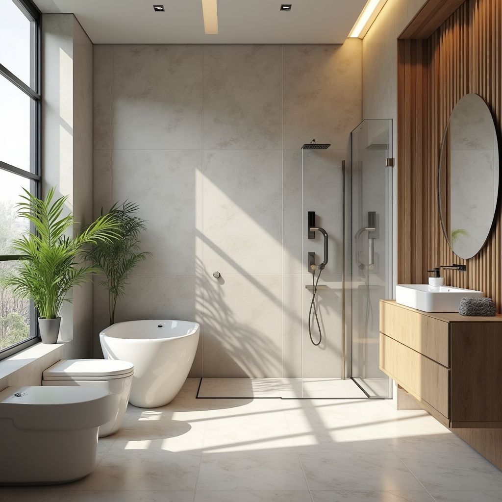 Modern bathroom with large window, bathtub, shower, and wooden cabinet.
