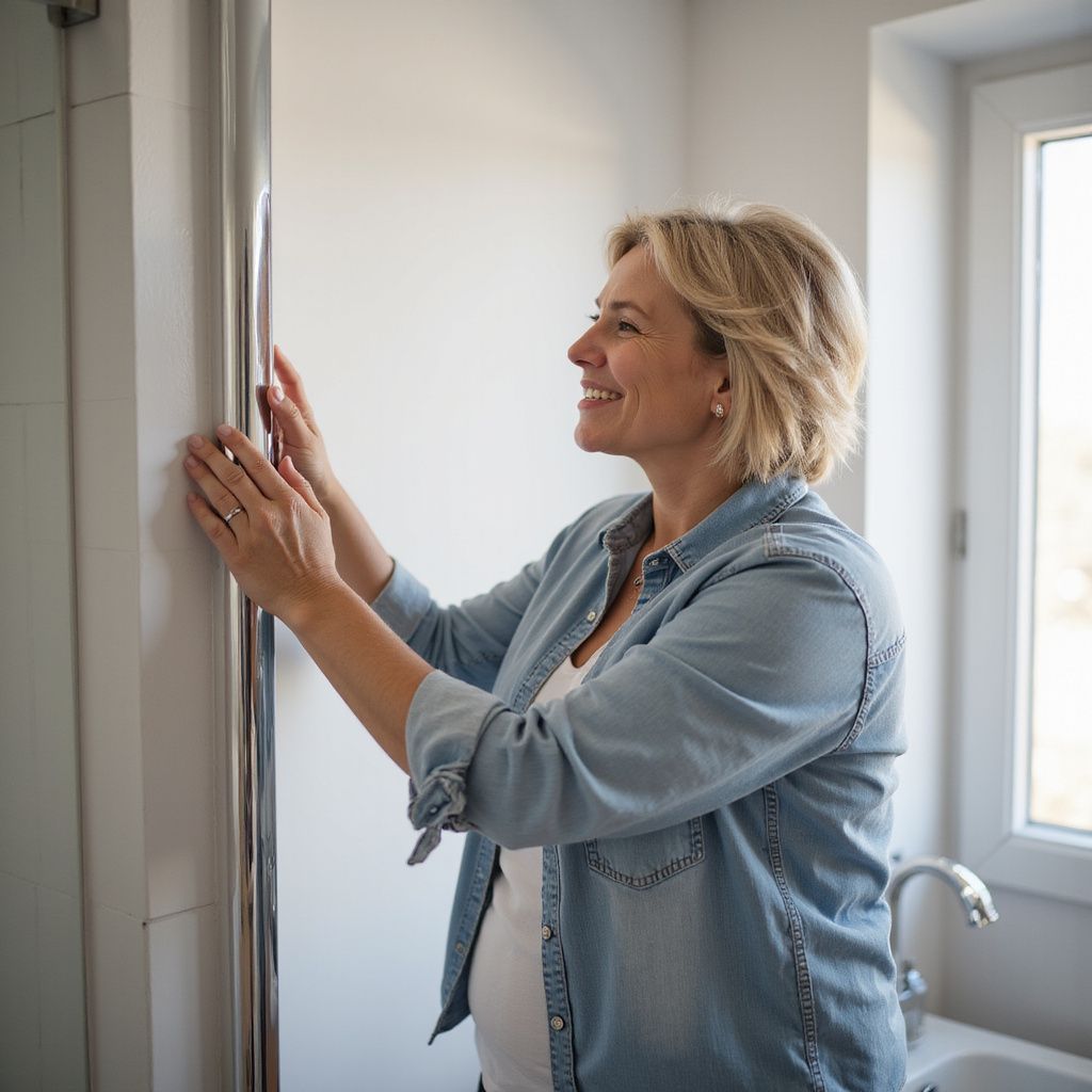 Woman smiles while adjusting a metal shower rod in a bright bathroom.