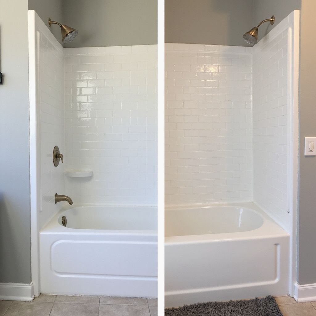 Two white shower units side-by-side, each with gold fixtures and subway tile pattern, set against gray walls.