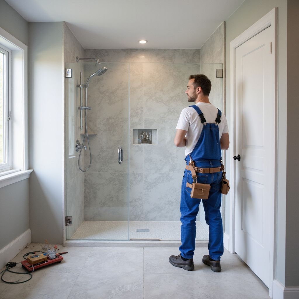 A man in blue overalls inspecting a newly installed glass shower in a bathroom.