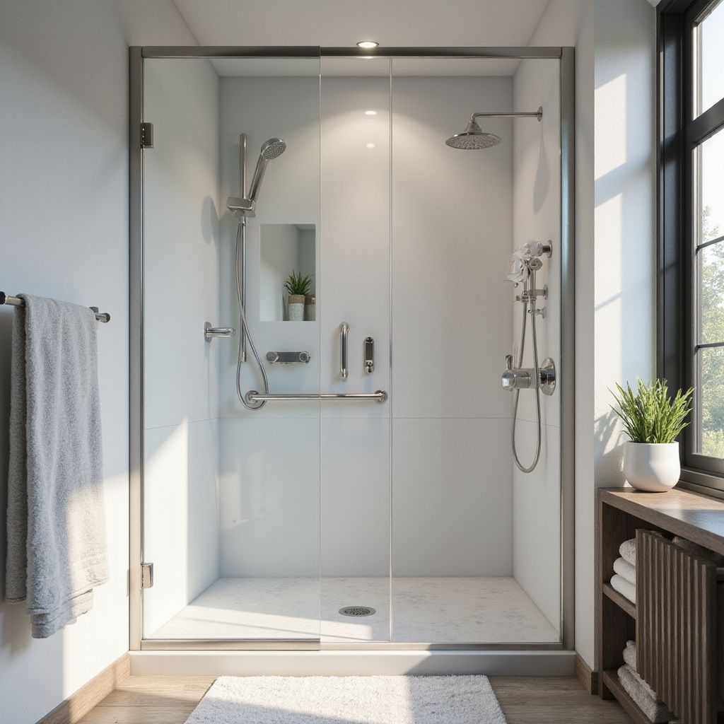 Accessible shower stall with glass door, grab bars, and multiple shower heads.