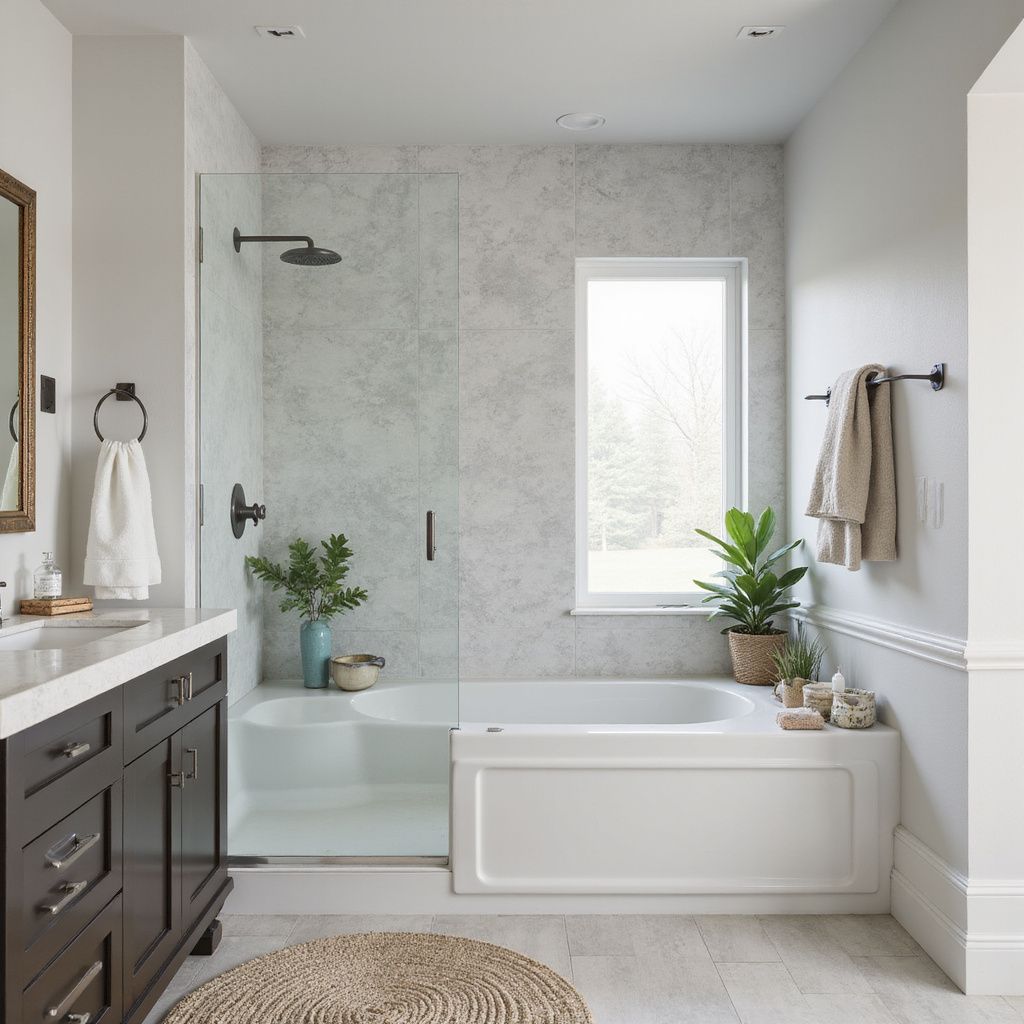 Modern bathroom with bathtub, glass shower, vanity, and neutral tones.