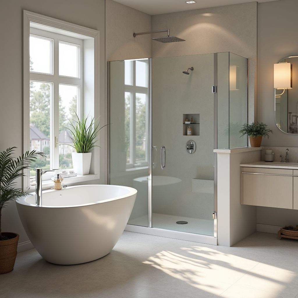 Modern bathroom with freestanding tub, glass shower, vanity, and window with plants.
