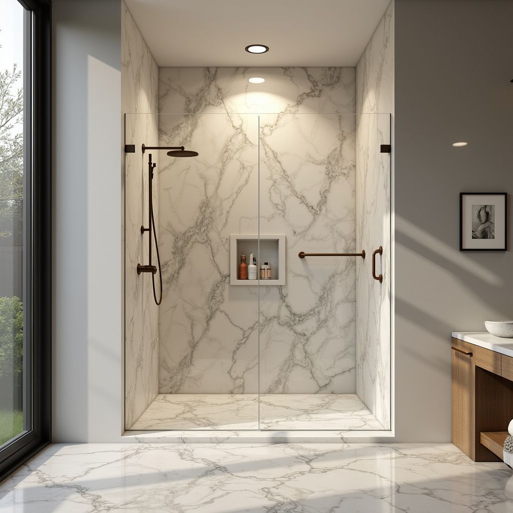Modern marble-tiled shower with glass doors, bronze fixtures, recessed shelf, and a handle; adjacent to a window.