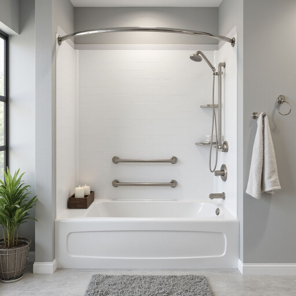 White accessible shower/tub unit with handrails, showerhead, and storage shelves.