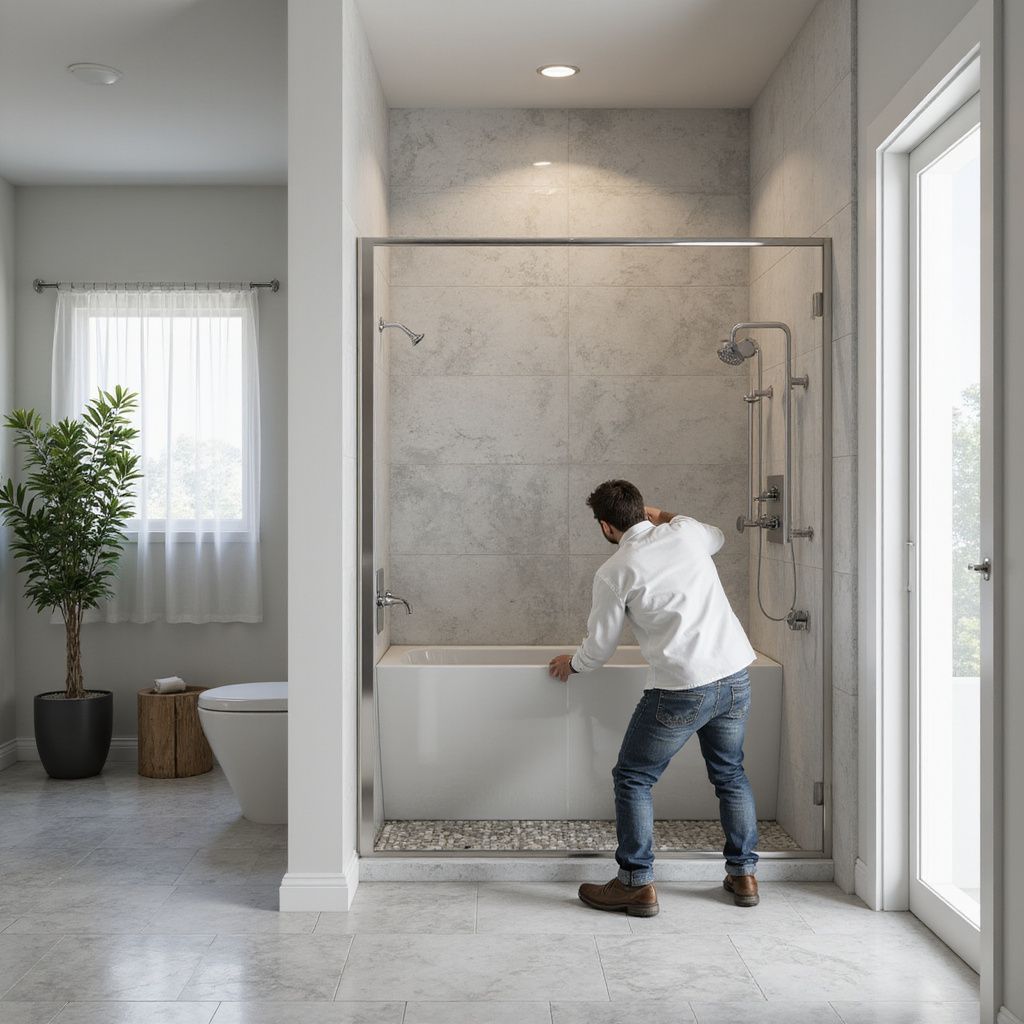 Man installing a bathtub in a modern bathroom.