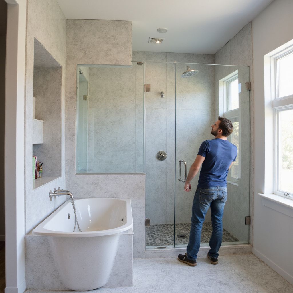 Man inspecting modern bathroom with glass shower, tub, and window.