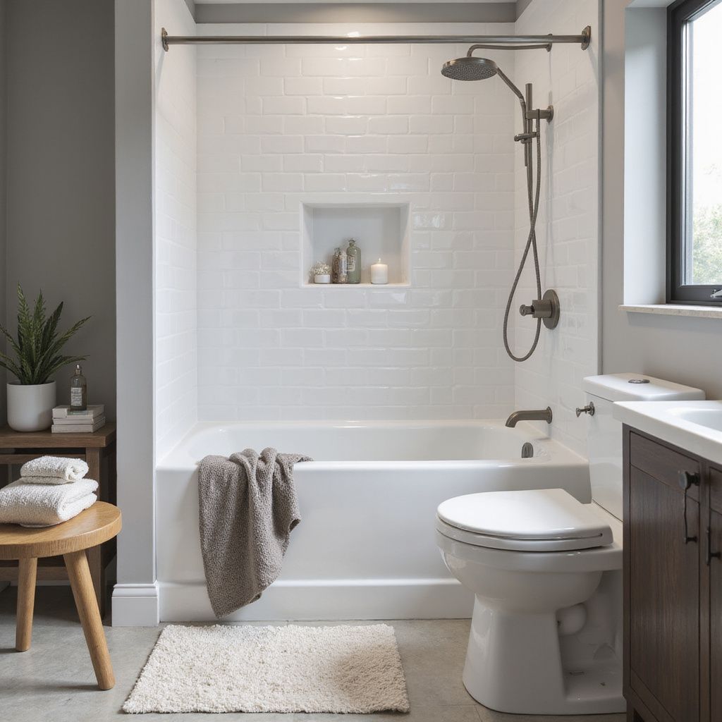 Bathroom with white tile, bathtub, toilet, and wooden vanity.