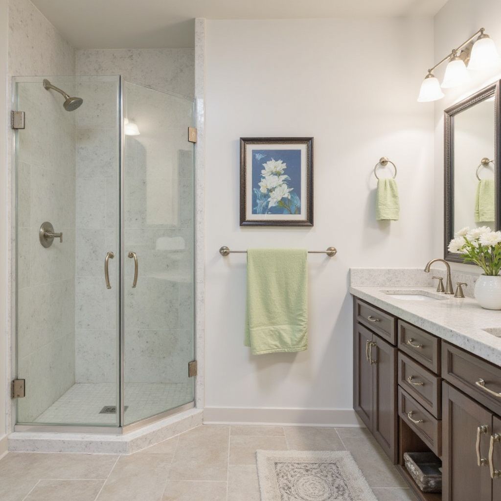 Bathroom with glass shower, white walls, dark cabinets, light tile floor. Towels and art.