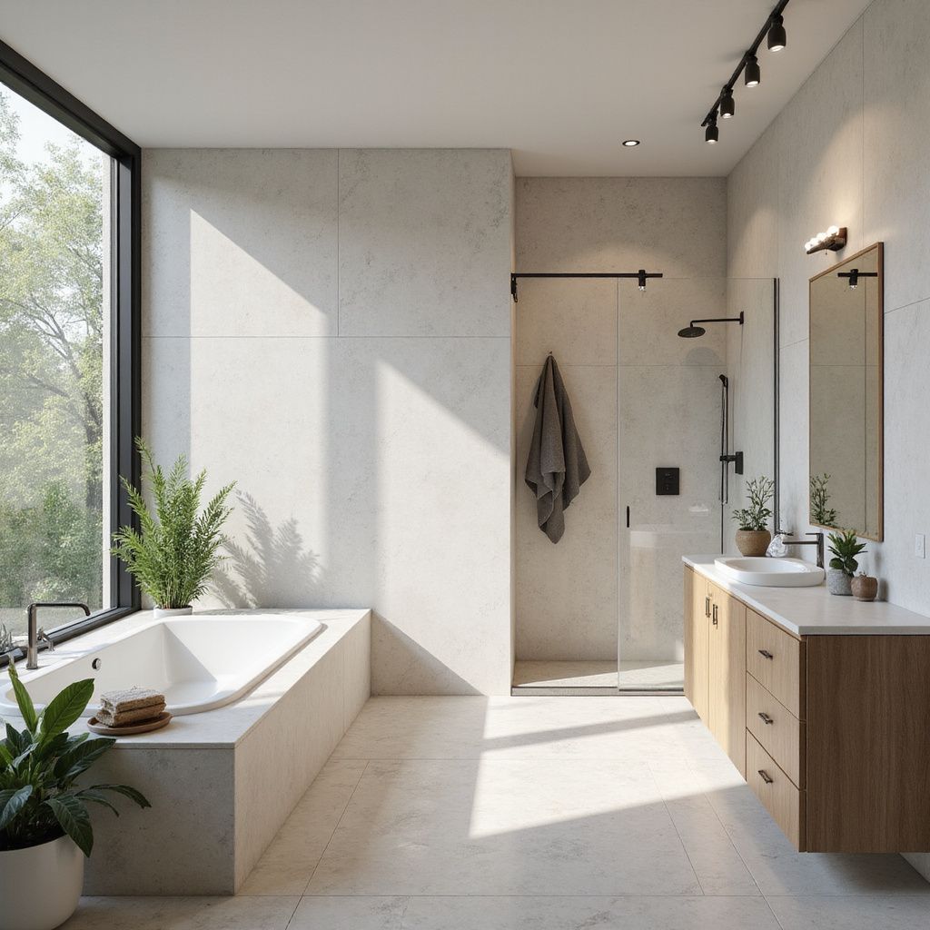Modern bathroom with a bathtub, shower, wooden vanity, and large window overlooking trees.