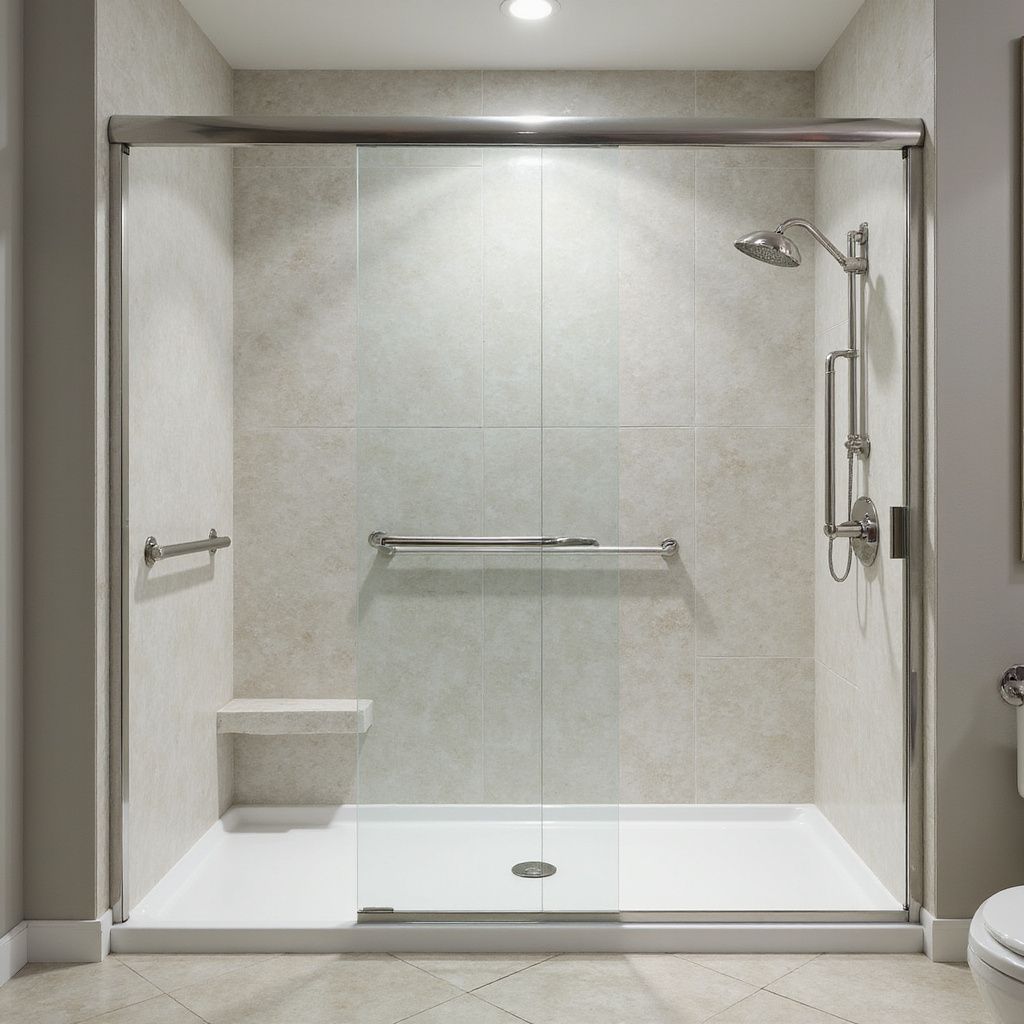 Accessible shower with sliding glass doors, grab bars, and a built-in seat.