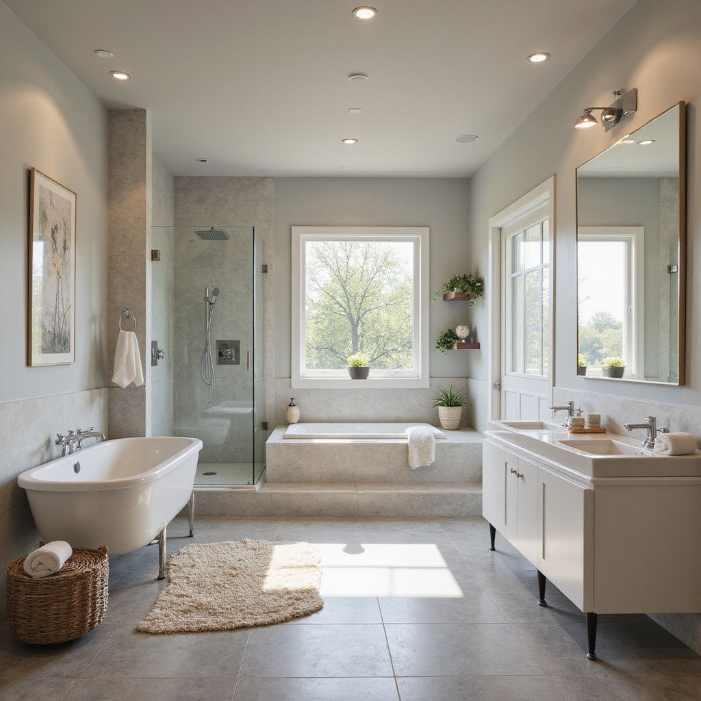 Spacious bathroom with freestanding tub, walk-in shower, double vanity, and a window with plants; grey and white tones.