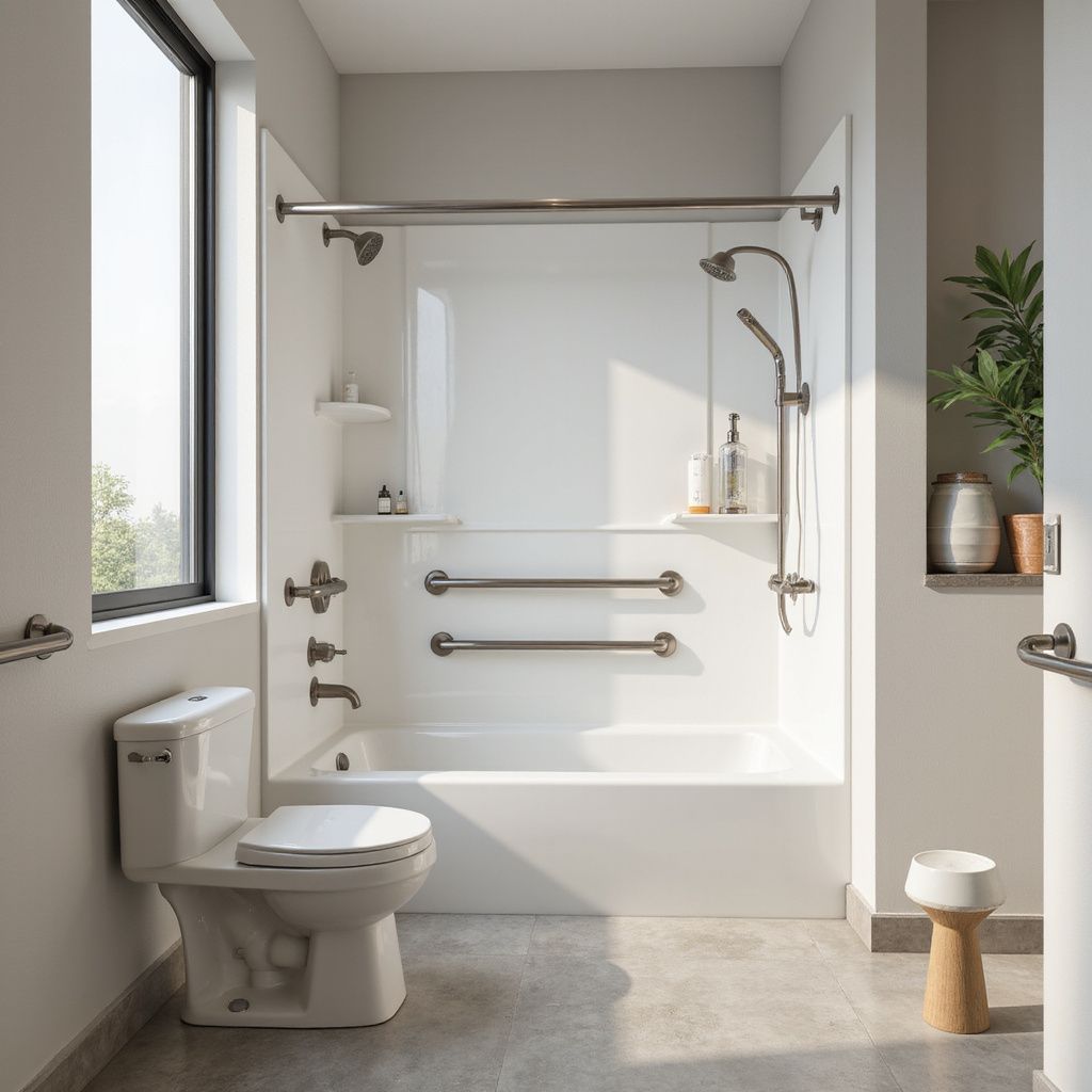 White accessible bathroom with tub, grab bars, shower, and toilet.