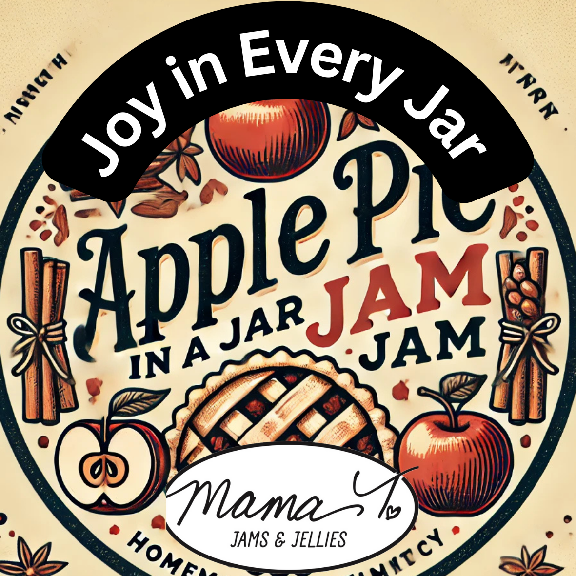A label that says joy in every jar apple pie in a jar jam