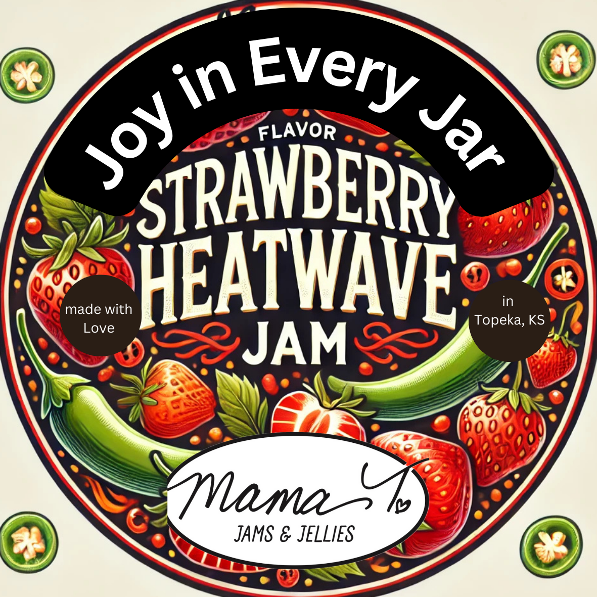 A jar of strawberry heatwave jam from mama 's jams and jellies