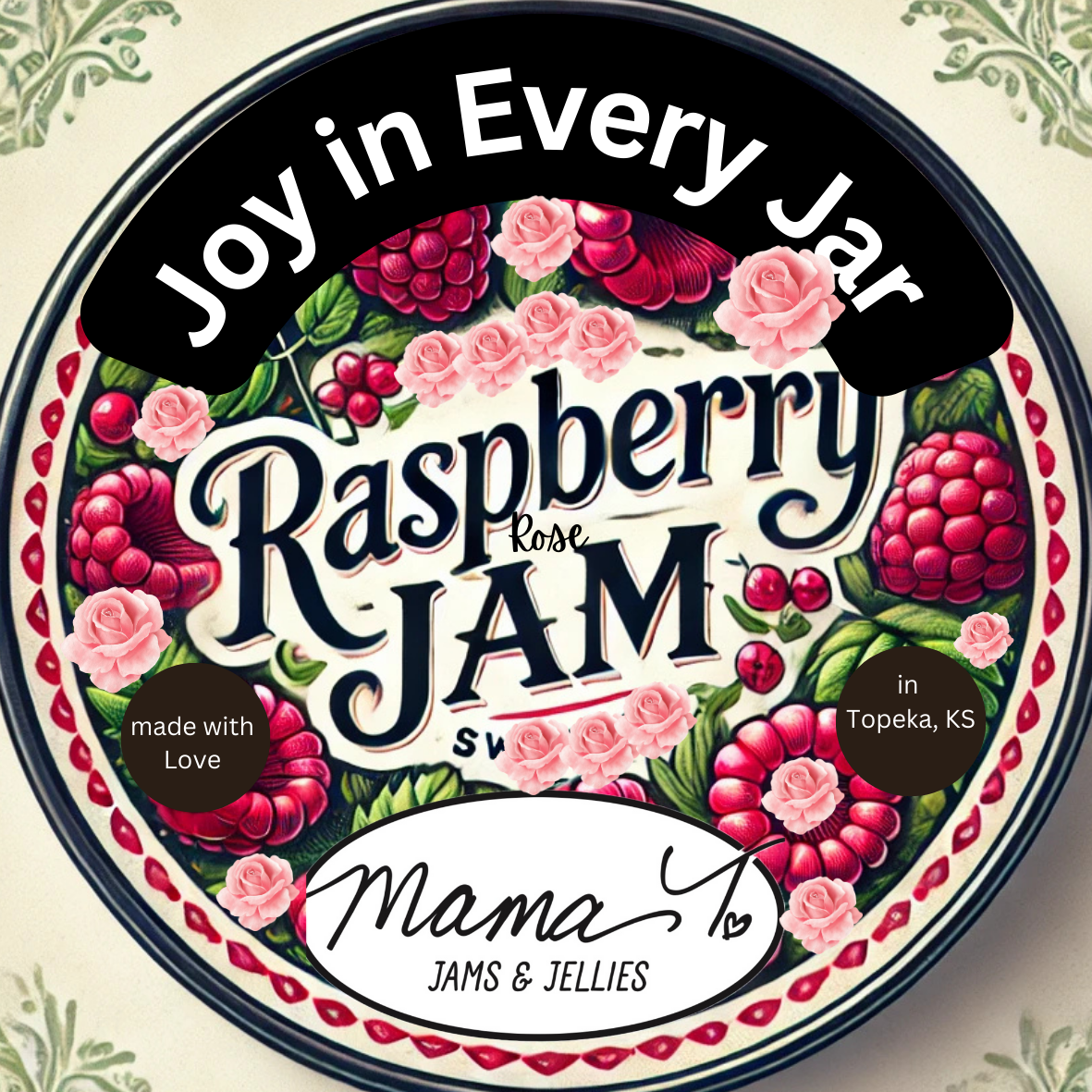 A raspberry jam label that says joy in every jar