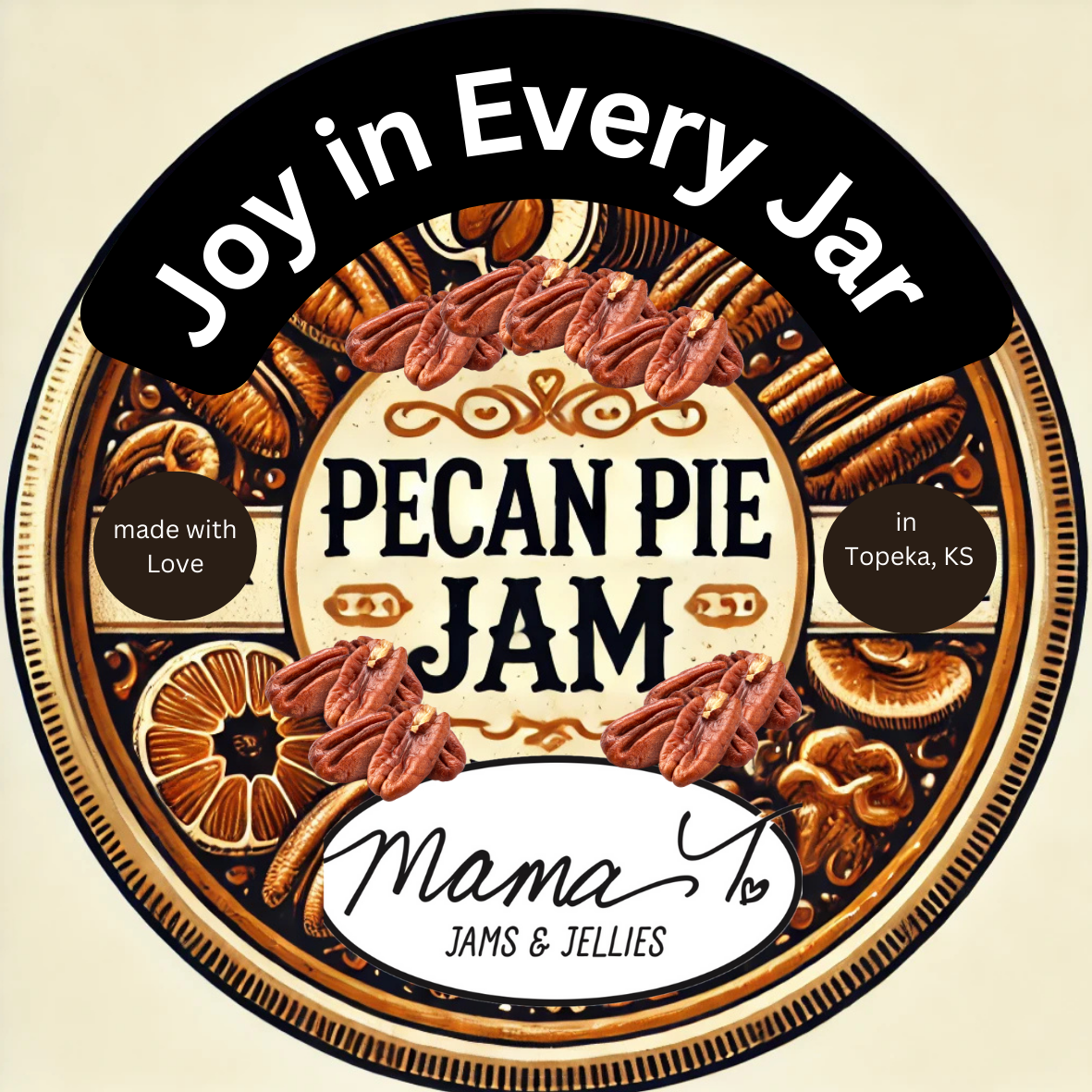 A pecan pie jam label that says joy in every jar