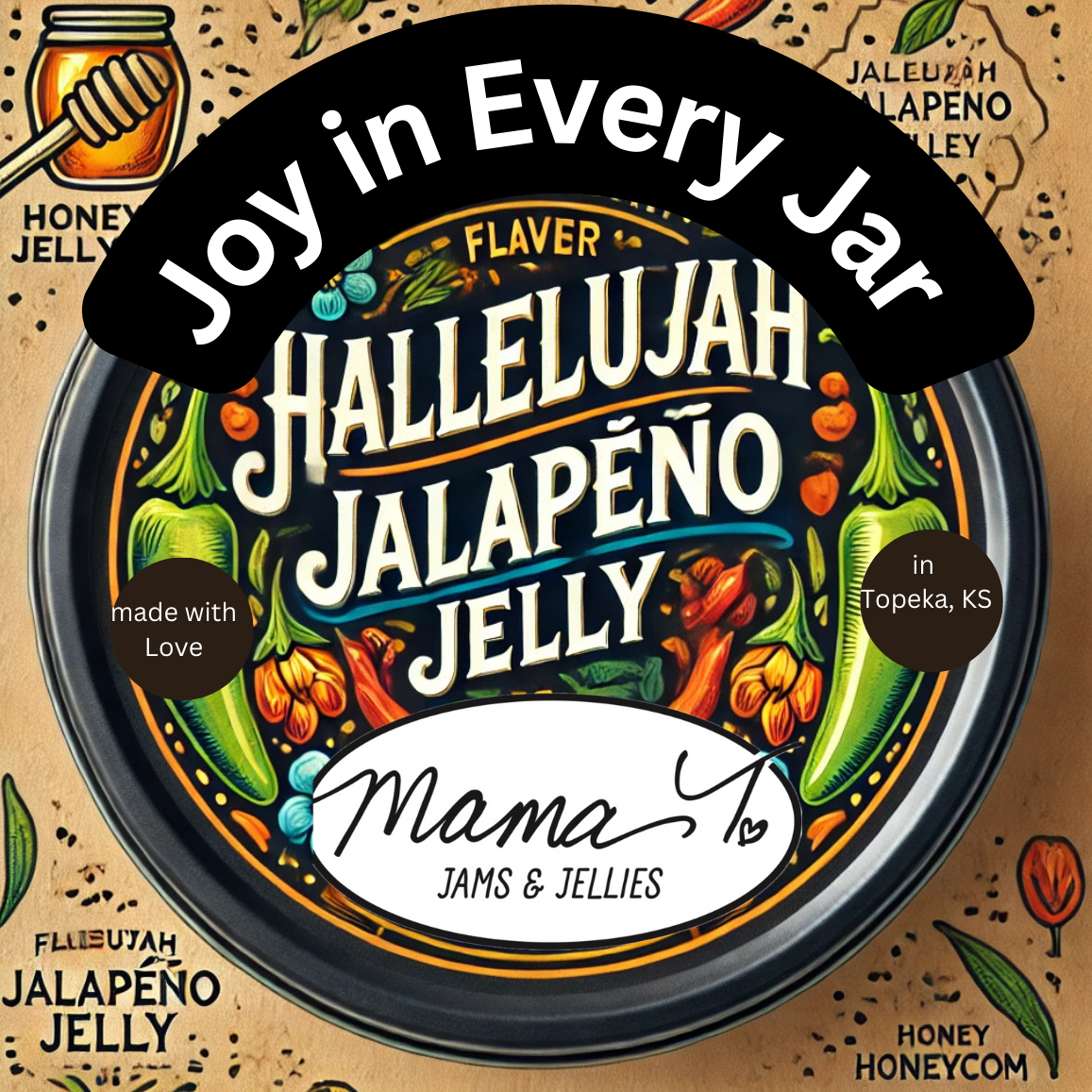 A jar of mama 's jam sits on a glass plate