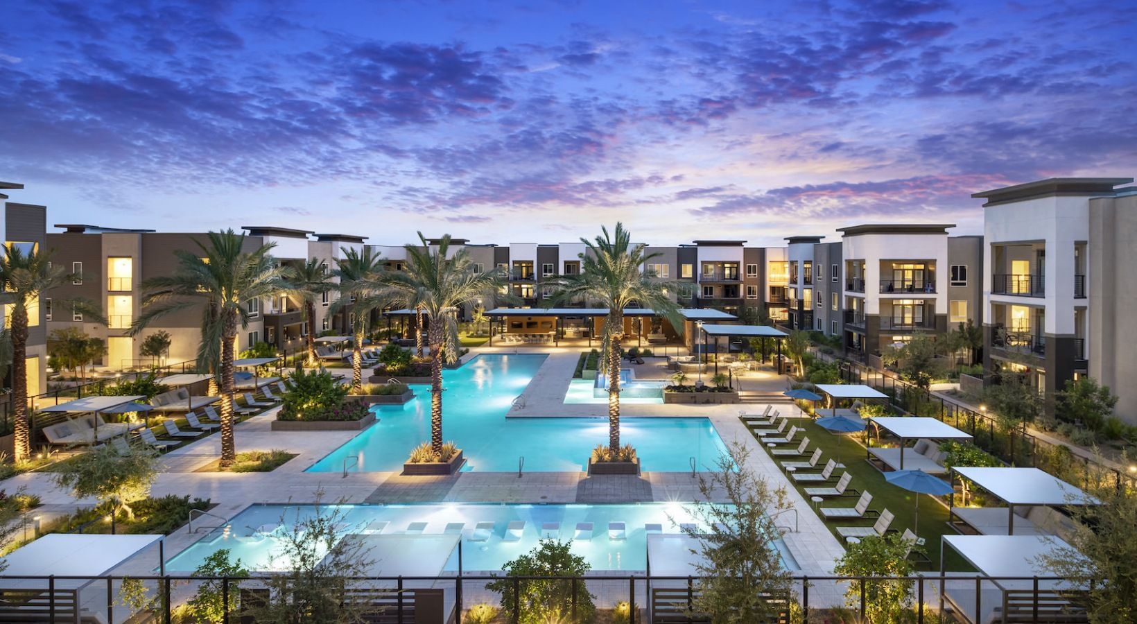 An artist 's impression of a large swimming pool surrounded by palm trees.