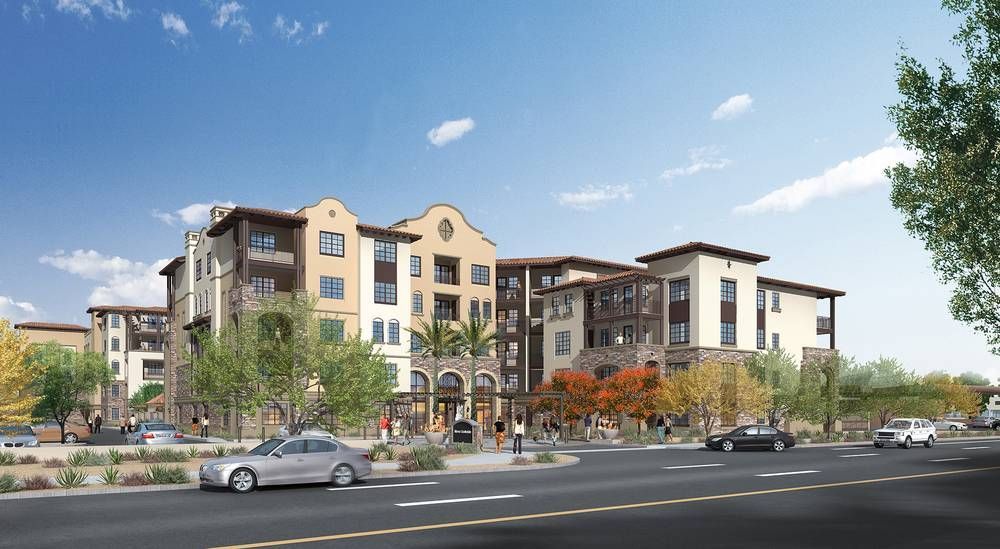 An artist 's impression of a large apartment building with cars parked in front of it.