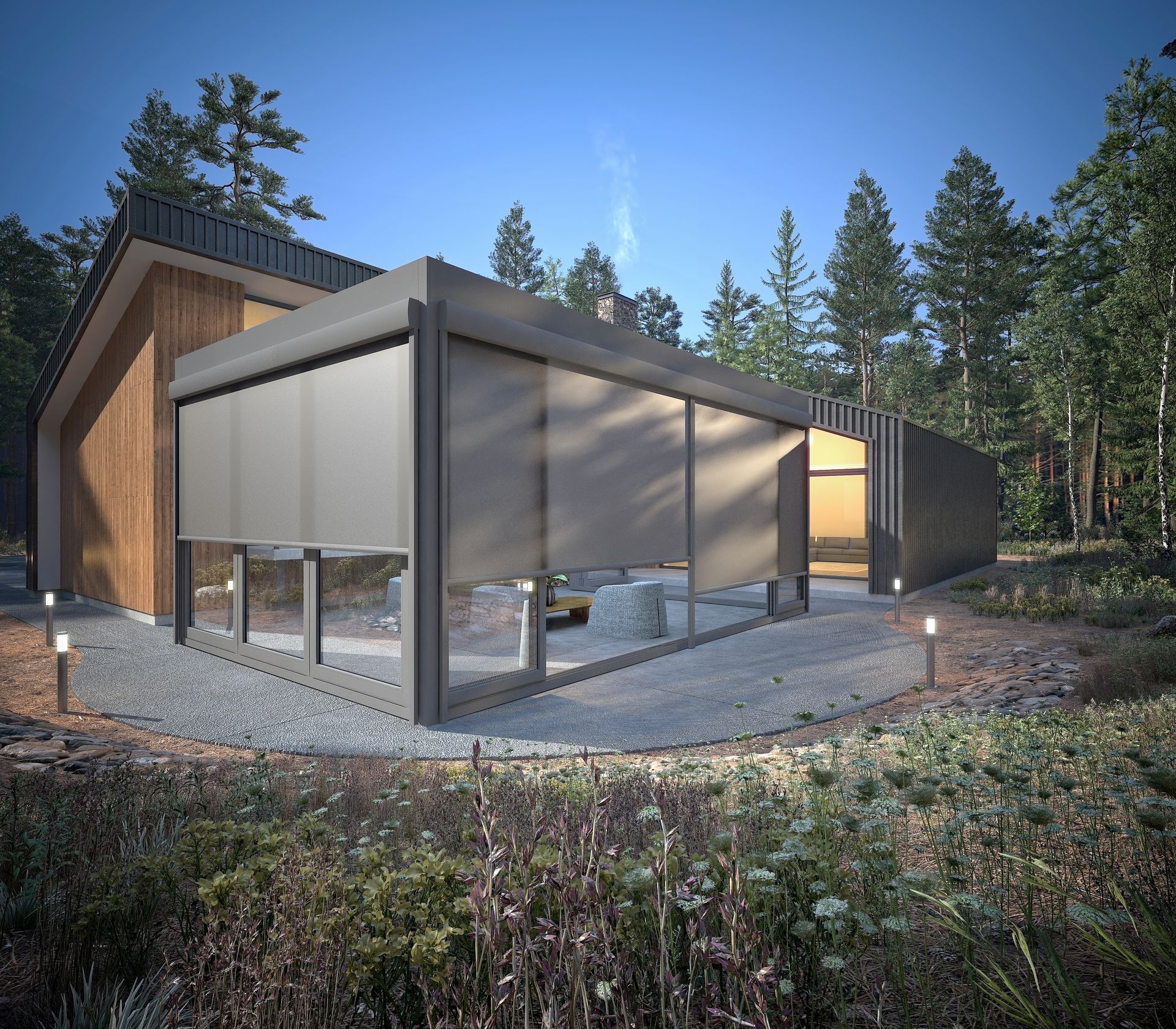 A room with a chair and a table in front of a window.