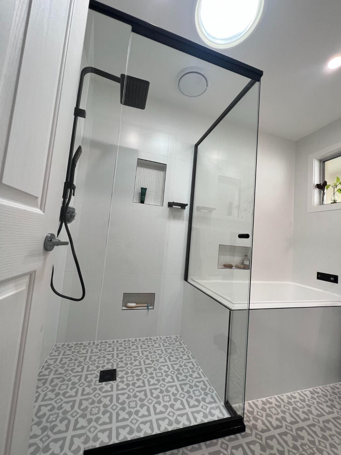 A Bathroom With A Walk In Shower And A Bathtub — Glass 24/7 In Hallidays Point, NSW