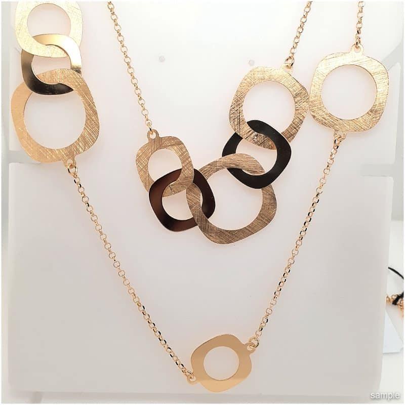 Gold-colored chain necklace with interlocking textured rings, some black and brown, on a white background.