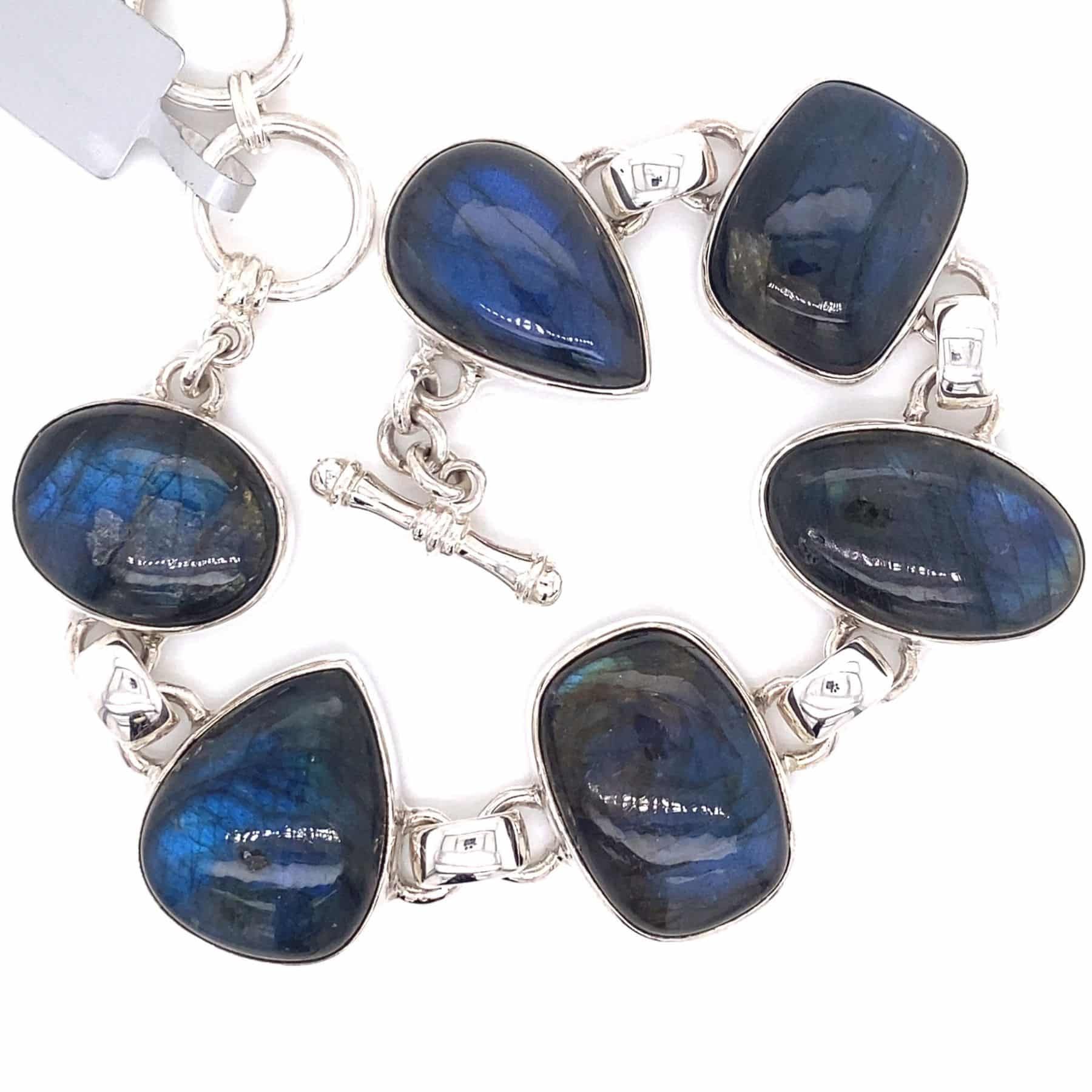 Labradorite stone bracelet with a toggle clasp, set in silver.