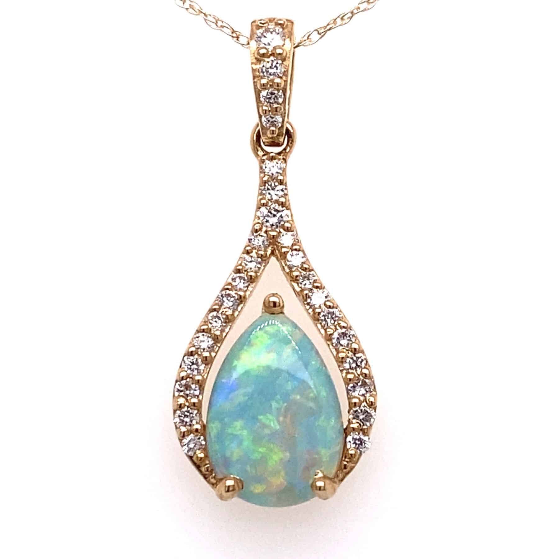 Gold teardrop pendant with an opal center stone and diamond halo.