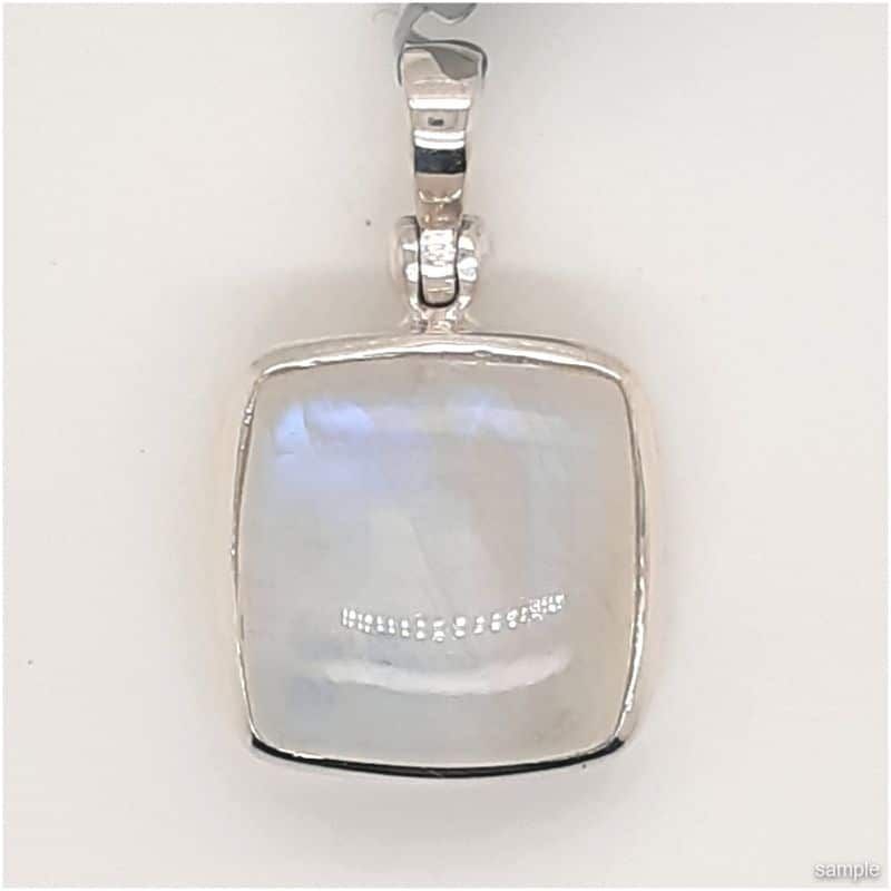 Silver pendant with a square, iridescent moonstone.