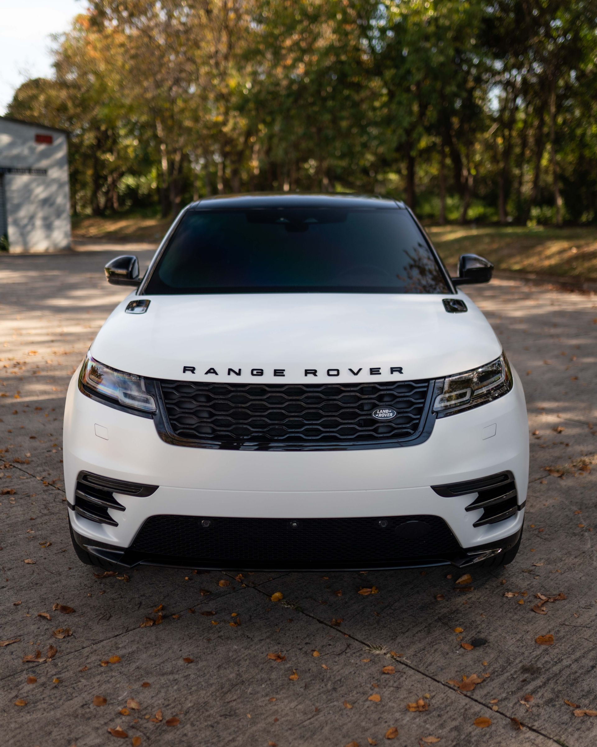 A white range rover velar is parked in a parking lot.